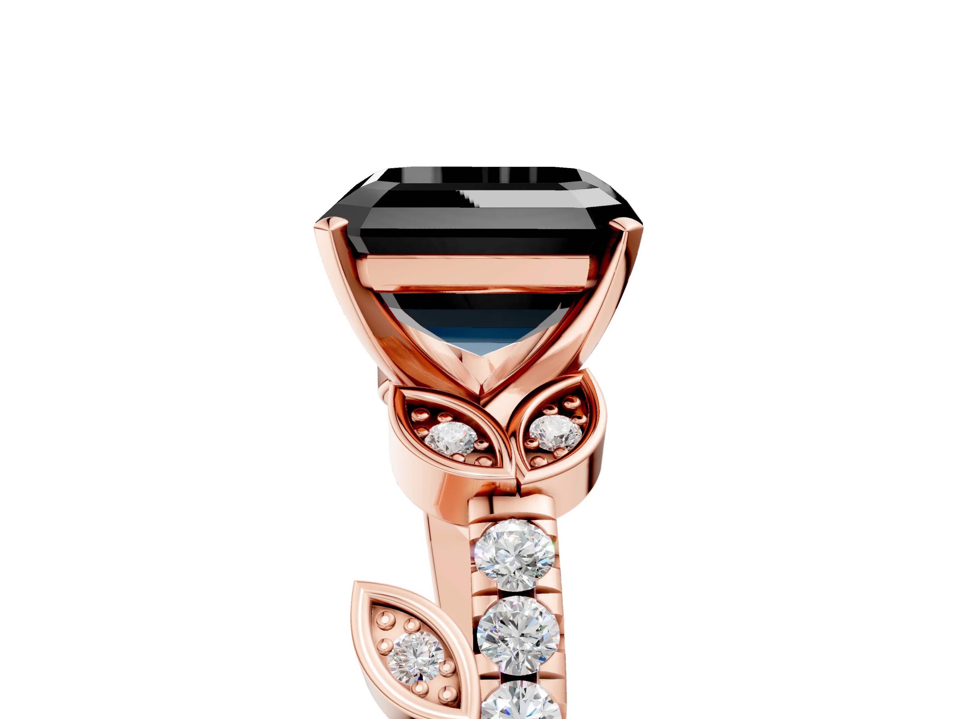 Rose gold Fancy Black Asscher Cut Solitaire Leaf-Inspired Diamond Ring with Pavé Band and Four-Prong Setting_5