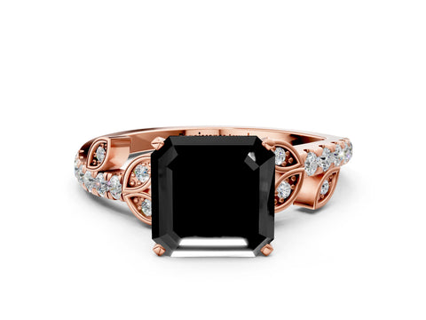 Rose gold Fancy Black Asscher Cut Solitaire Leaf-Inspired Diamond Ring with Pavé Band and Four-Prong Setting
