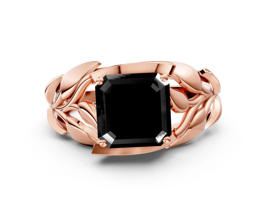 Rose gold Fancy Black Asscher Cut Solitaire Leaf-Inspired Engagement Ring with Prong Setting_12