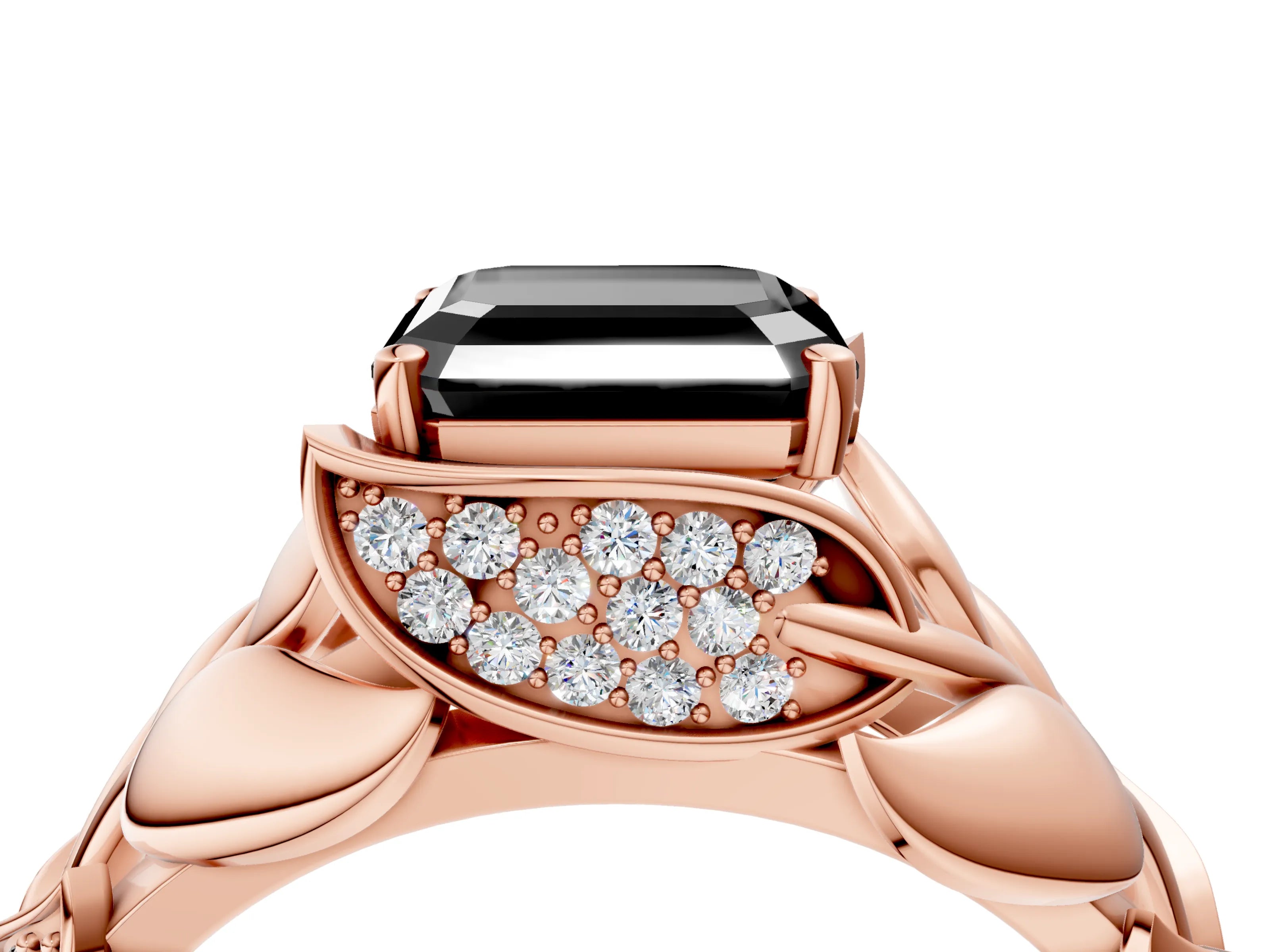 Rose gold Fancy Black Asscher Cut Solitaire Leaf-Inspired Engagement Ring with Prong Setting_4