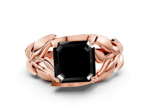 Rose gold Fancy Black Asscher Cut Solitaire Leaf-Inspired Engagement Ring with Prong Setting