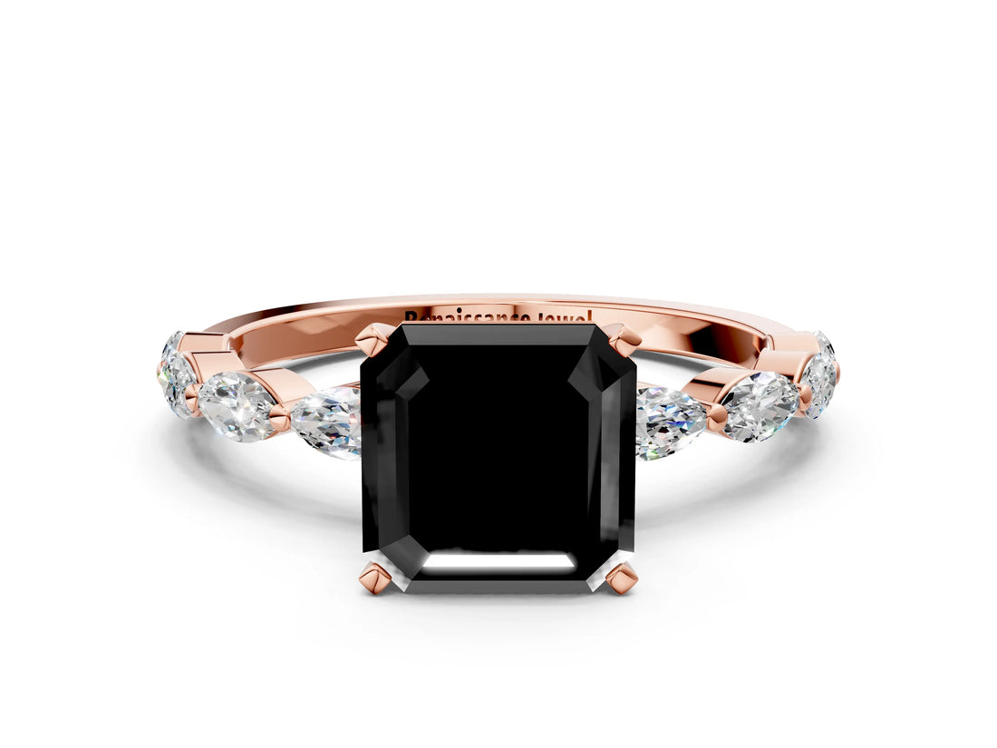 Rose gold Fancy Black Asscher Cut Solitaire Marquise Side Stone Prong Setting Ring