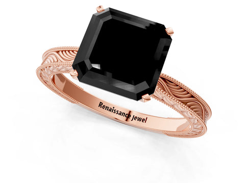 Rose gold Fancy Black Asscher Cut Solitaire Milgrain Engraved Band with Four-Prong Setting_1