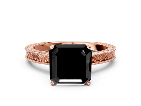 Rose gold Fancy Black Asscher Cut Solitaire Milgrain Engraved Band with Four-Prong Setting