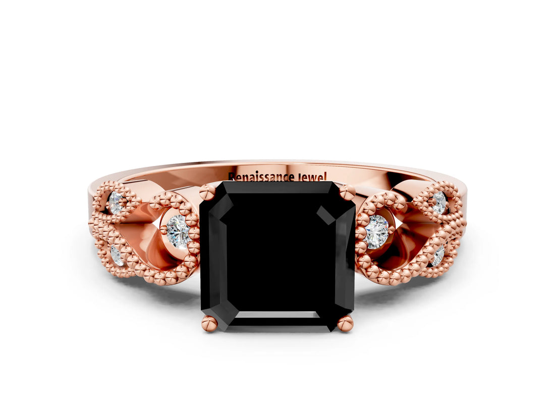 Rose gold Fancy Black Asscher Cut Solitaire Milgrain Leaf Band with Prong Setting_12