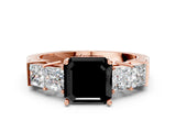 Rose gold Fancy Black Asscher Cut Solitaire Princess Side Stone Engraved Band Prong Setting Ring
