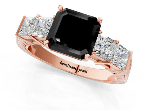 Rose gold Fancy Black Asscher Cut Solitaire Princess Side Stone Engraved Band Prong Setting Ring_1