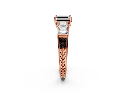Rose gold Fancy Black Asscher Cut Solitaire Princess Side Stone Engraved Band Prong Setting Ring_2