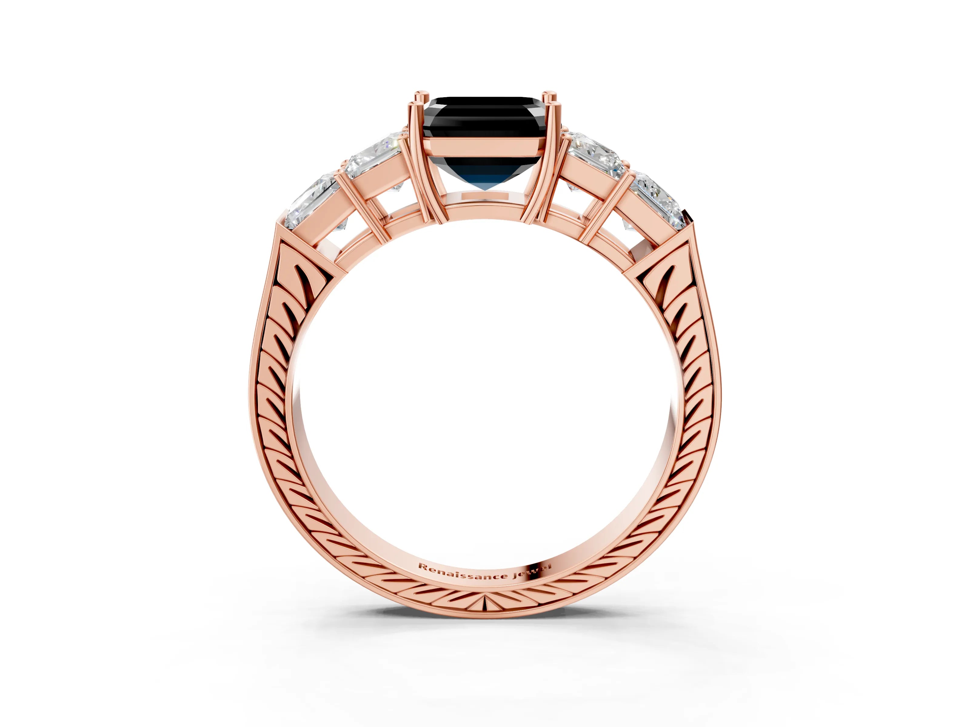 Rose gold Fancy Black Asscher Cut Solitaire Princess Side Stone Engraved Band Prong Setting Ring_3