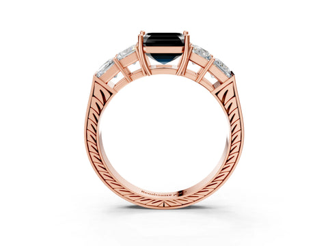 Rose gold Fancy Black Asscher Cut Solitaire Princess Side Stone Engraved Band Prong Setting Ring_3