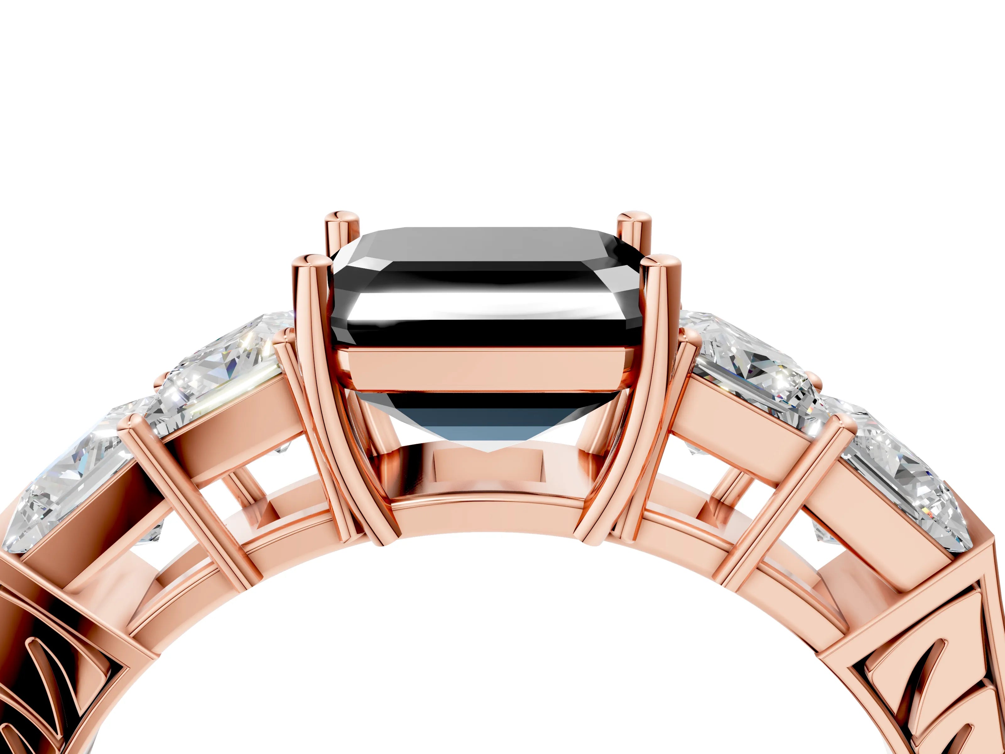 Rose gold Fancy Black Asscher Cut Solitaire Princess Side Stone Engraved Band Prong Setting Ring_4