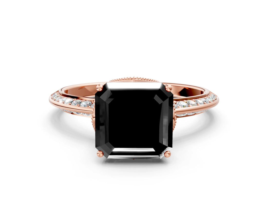 Rose gold Fancy Black Asscher Cut Solitaire Split Shank Pave Diamond Engagement Ring with Four-Prong Setting