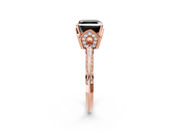 Rose Gold Asscher Cut Graduated Pave Engagement Ring Setting for Black Center