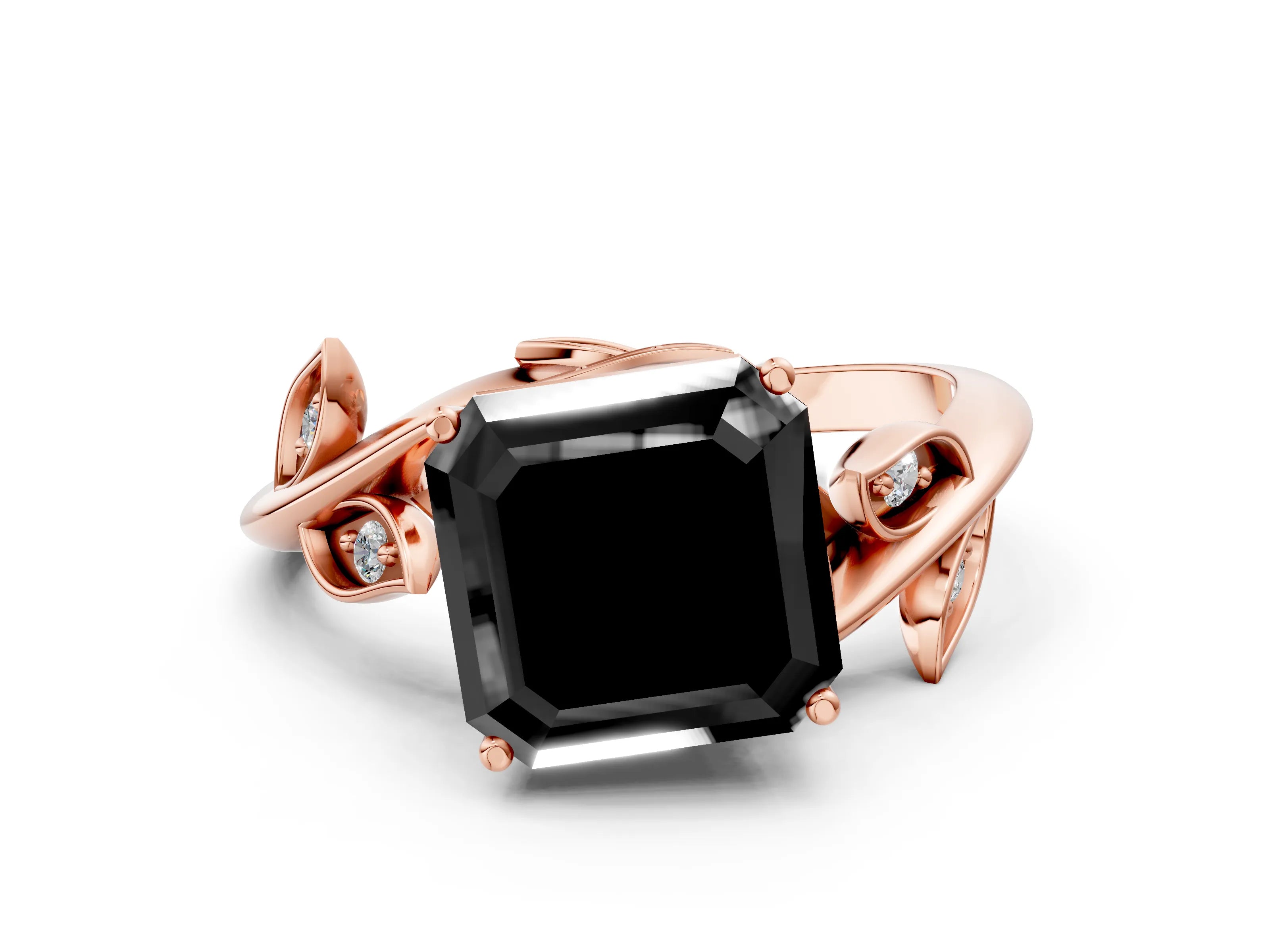 Rose gold Fancy Black Asscher Cut Solitaire Twist Engagement Ring with Leaf Accents and Prong Setting_12