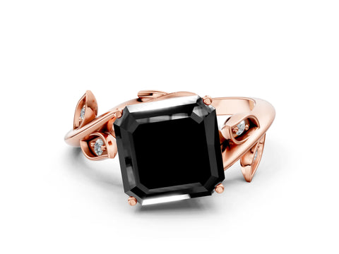 Rose gold Fancy Black Asscher Cut Solitaire Twist Engagement Ring with Leaf Accents and Prong Setting_12