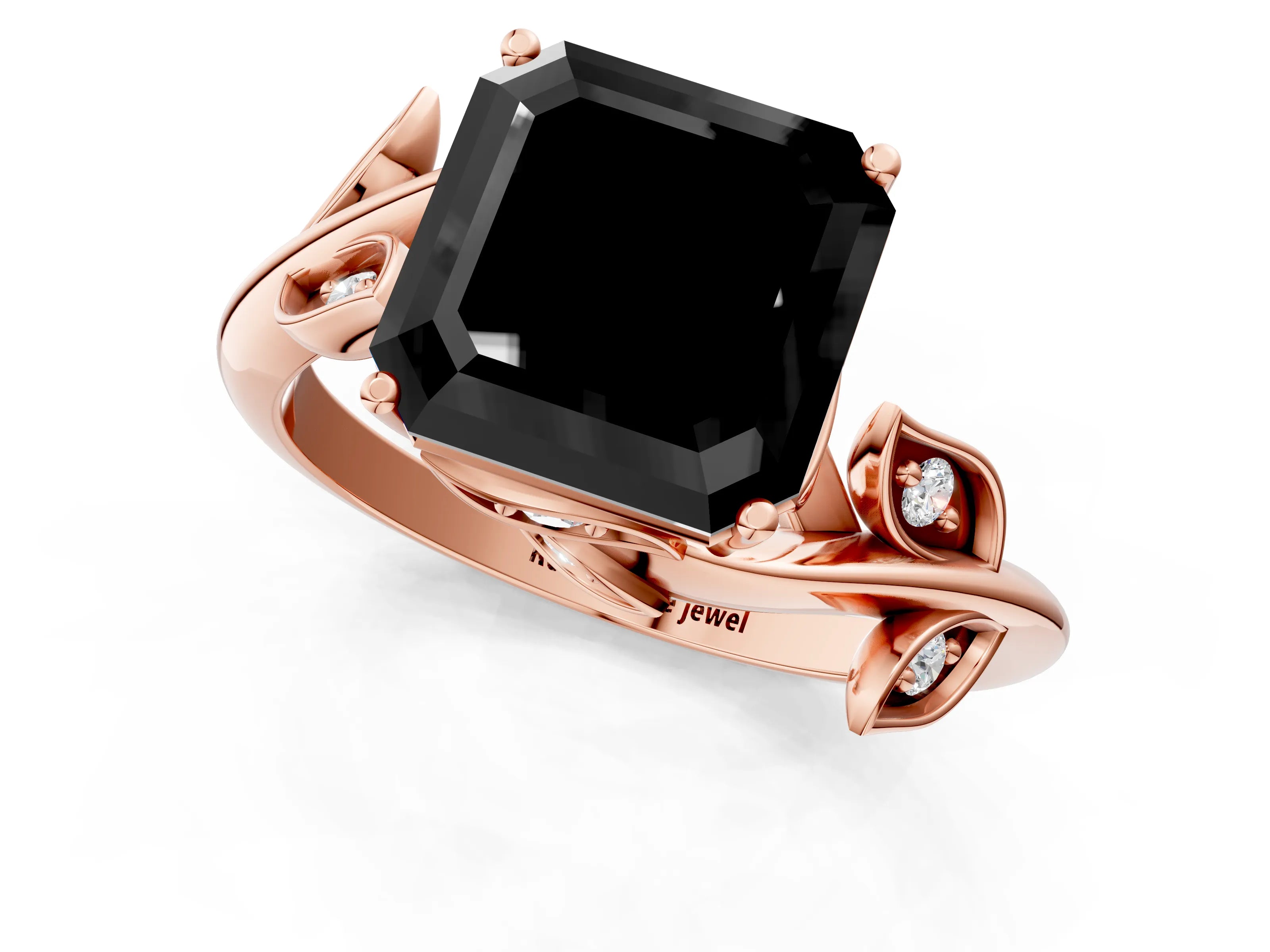 Rose gold Fancy Black Asscher Cut Solitaire Twist Engagement Ring with Leaf Accents and Prong Setting_13