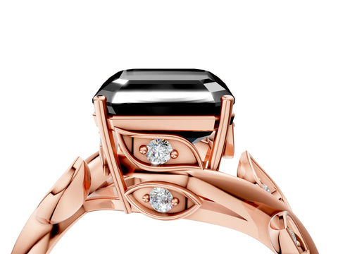 Rose gold Fancy Black Asscher Cut Solitaire Twist Engagement Ring with Leaf Accents and Prong Setting_16