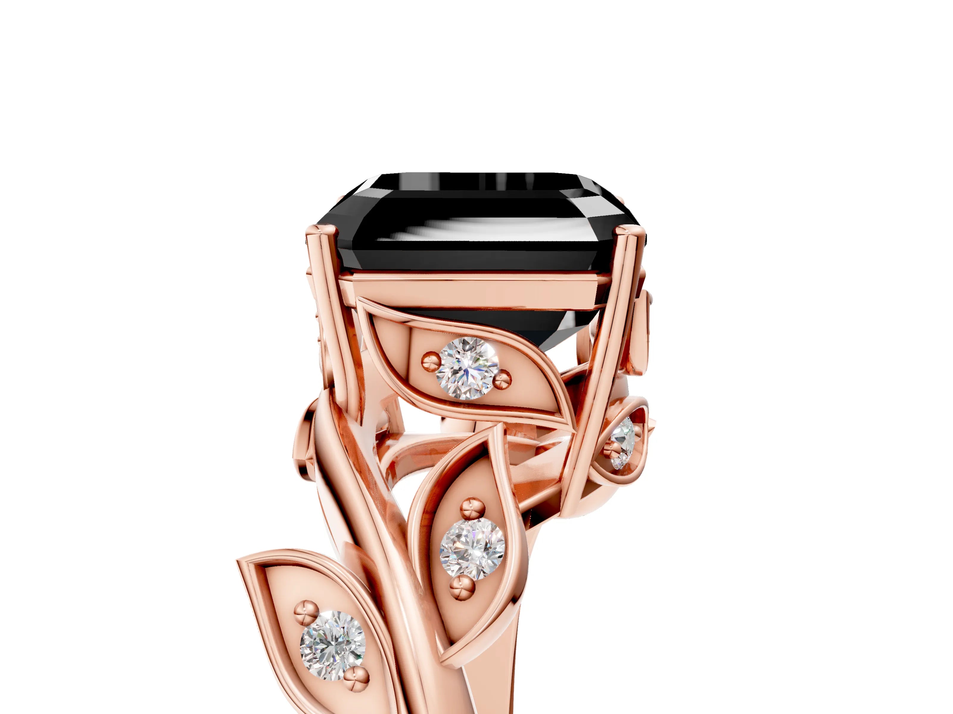 Rose gold Fancy Black Asscher Cut Solitaire Twist Engagement Ring with Leaf Accents and Prong Setting_17