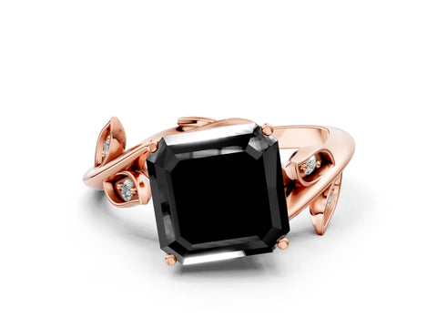 Rose gold Fancy Black Asscher Cut Solitaire Twist Engagement Ring with Leaf Accents and Prong Setting