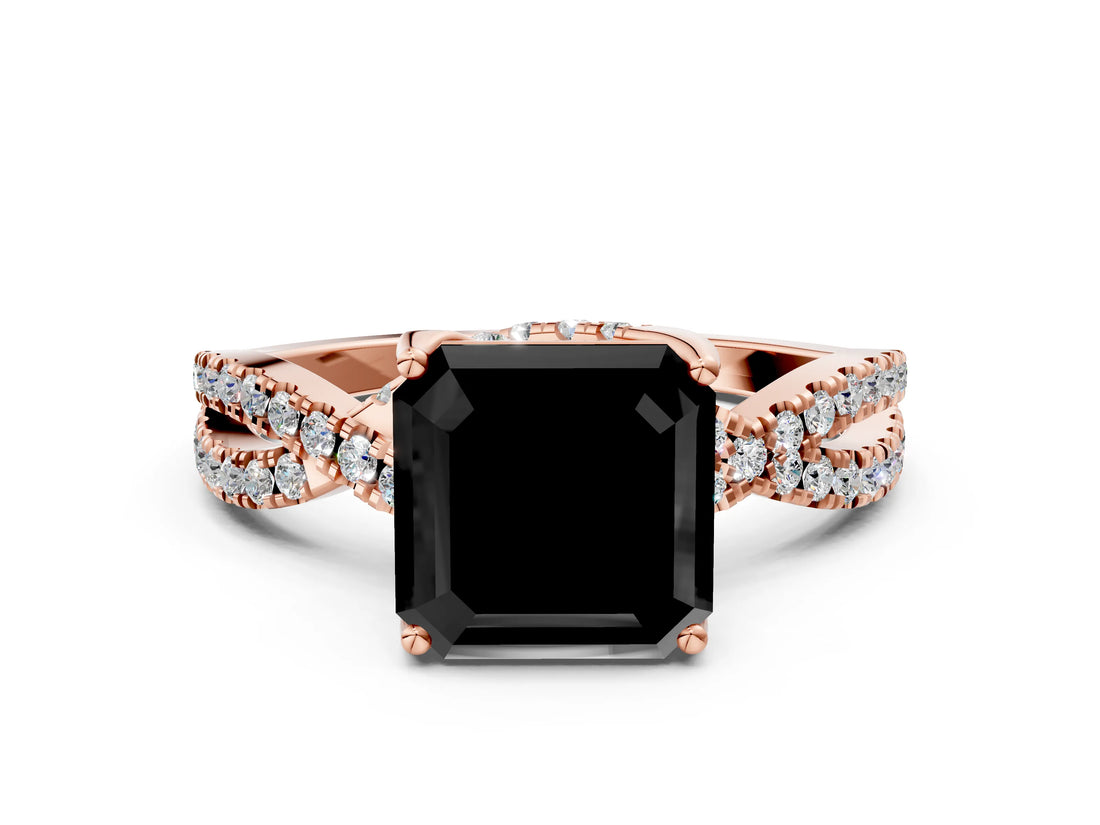 Rose gold Fancy Black Asscher Cut Solitaire Twist Pave Diamond Engagement Ring with Prong Setting