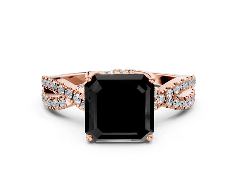 Rose gold Fancy Black Asscher Cut Solitaire Twist Pave Diamond Engagement Ring with Prong Setting