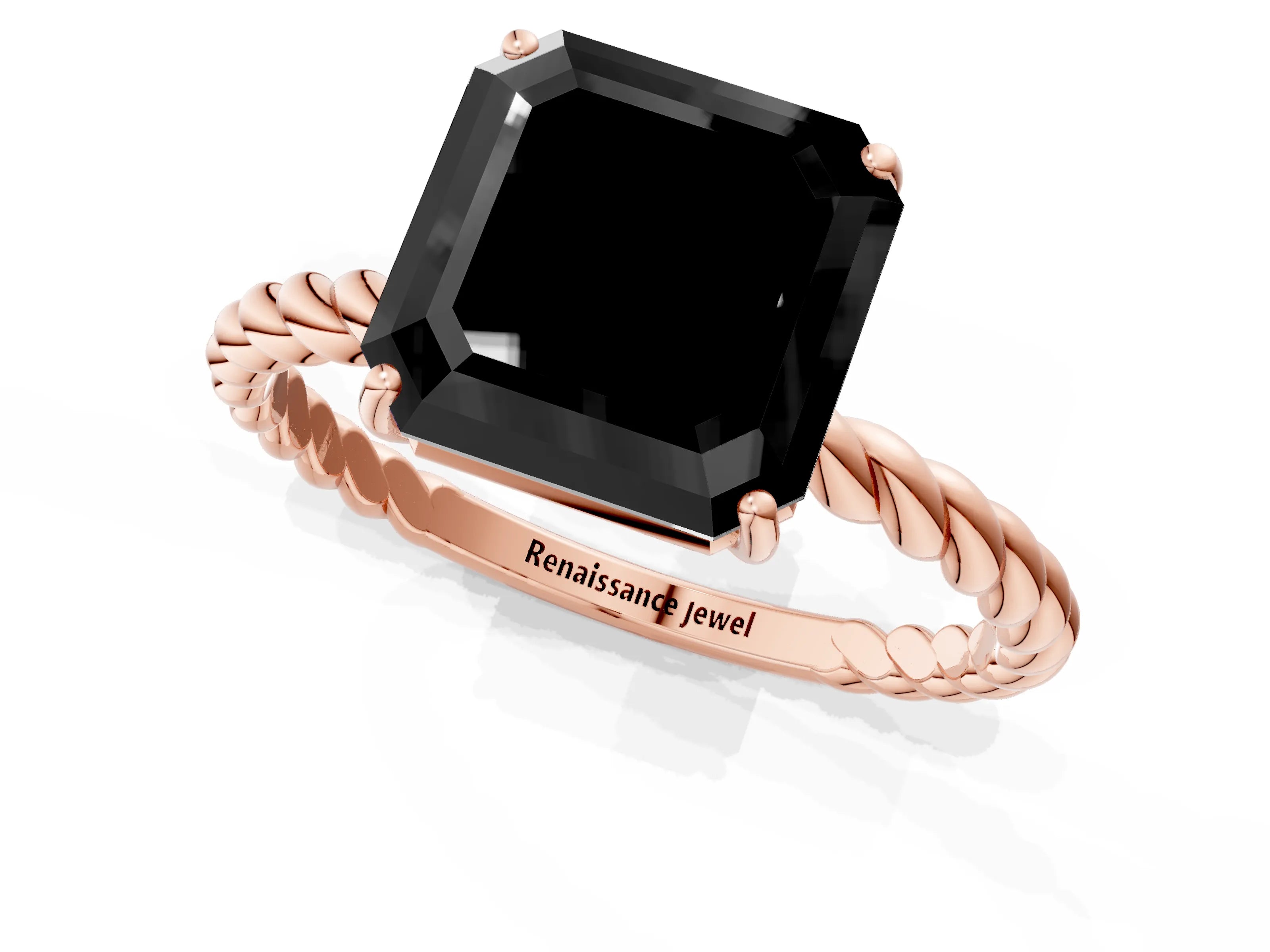 Rose gold Fancy Black Asscher Cut Solitaire Twisted Band 4-Prong Ring_13