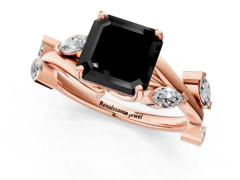 Rose gold Fancy Black Asscher Cut Solitaire Twisted Band Marquise Accent Prong Setting Ring_1