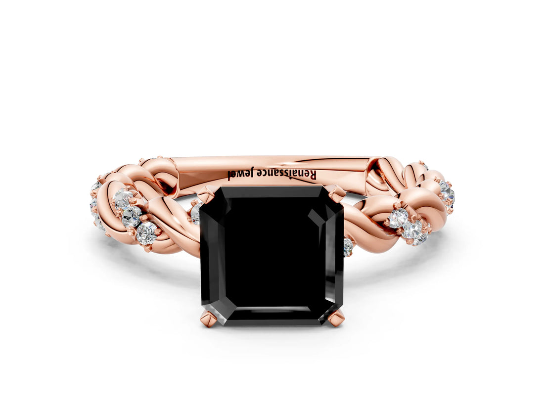 Rose gold Fancy Black Asscher Cut Solitaire Twisted Band with Pavé Accents and Four-Prong Setting