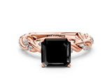 Rose gold Fancy Black Asscher Cut Solitaire Twisted Band with Pavé Accents and Four-Prong Setting