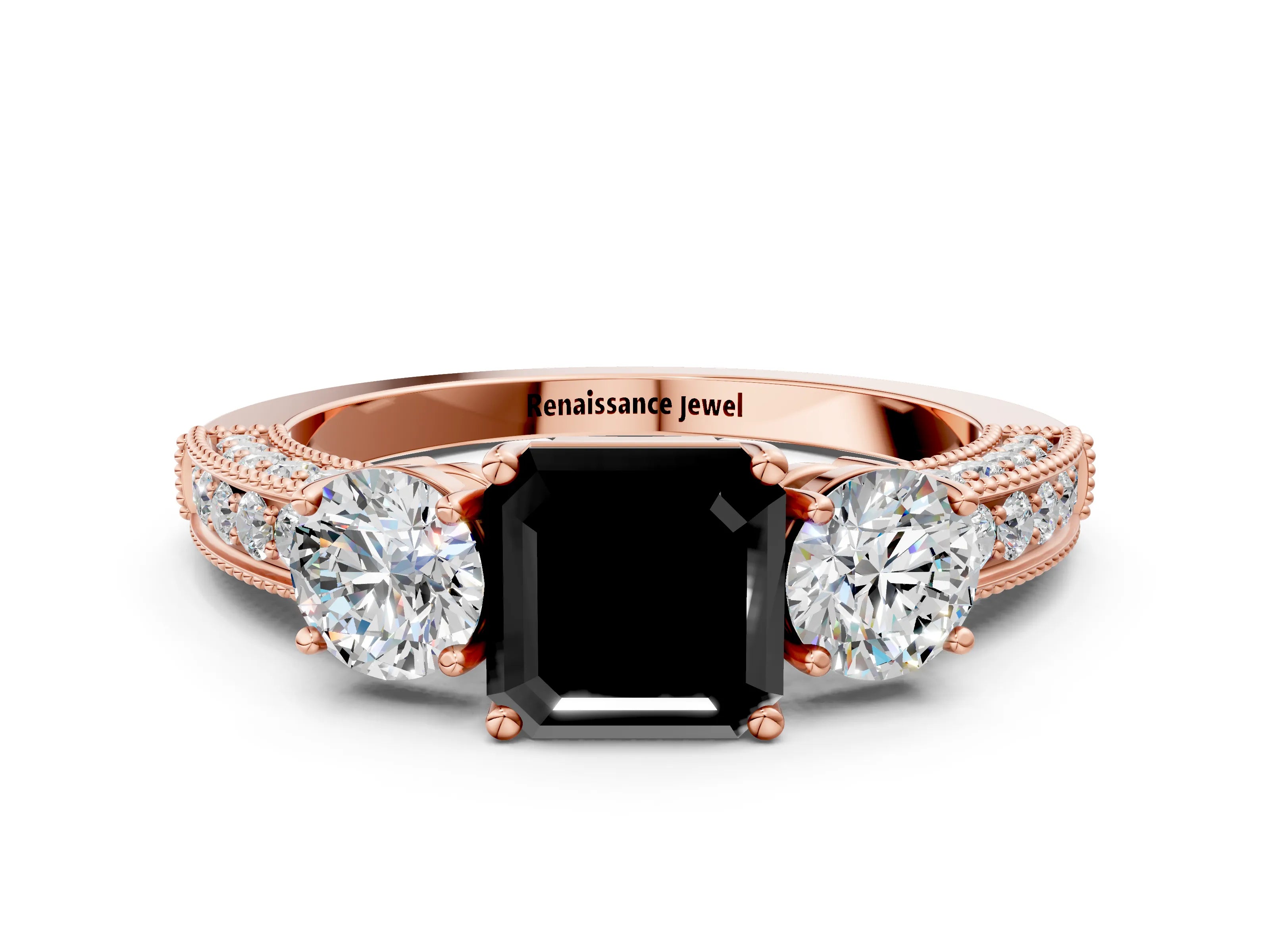 Rose gold Fancy Black Asscher Cut Three-Stone Diamond Ring with Pavé Band and Four-Prong Setting
