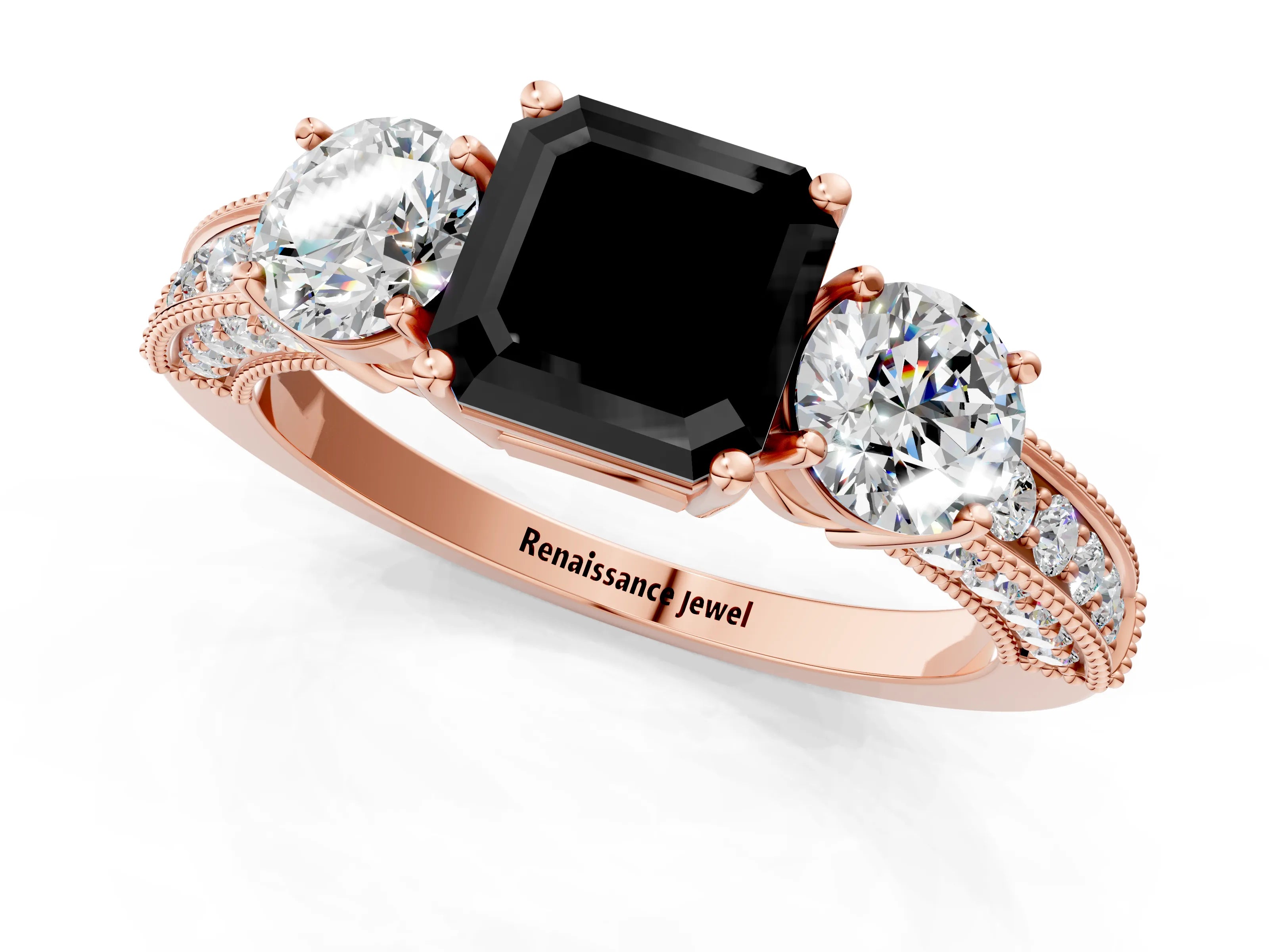 Rose gold Fancy Black Asscher Cut Three-Stone Diamond Ring with Pavé Band and Four-Prong Setting_1