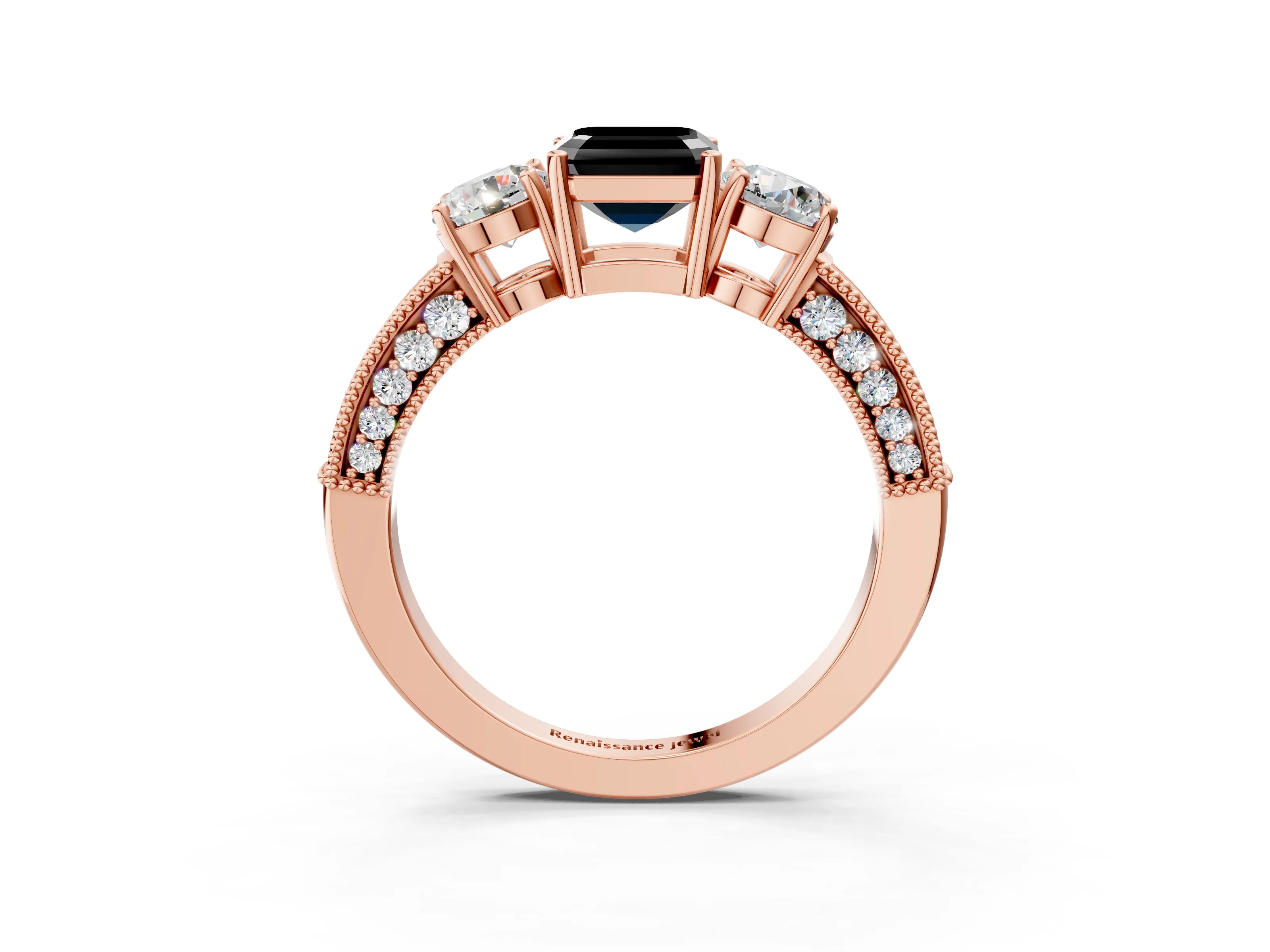 Rose gold Fancy Black Asscher Cut Three-Stone Diamond Ring with Pavé Band and Four-Prong Setting_3