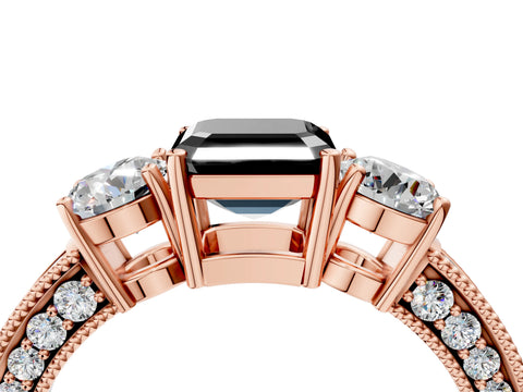 Rose gold Fancy Black Asscher Cut Three-Stone Diamond Ring with Pavé Band and Four-Prong Setting_4