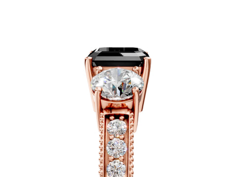 Rose gold Fancy Black Asscher Cut Three-Stone Diamond Ring with Pavé Band and Four-Prong Setting_5