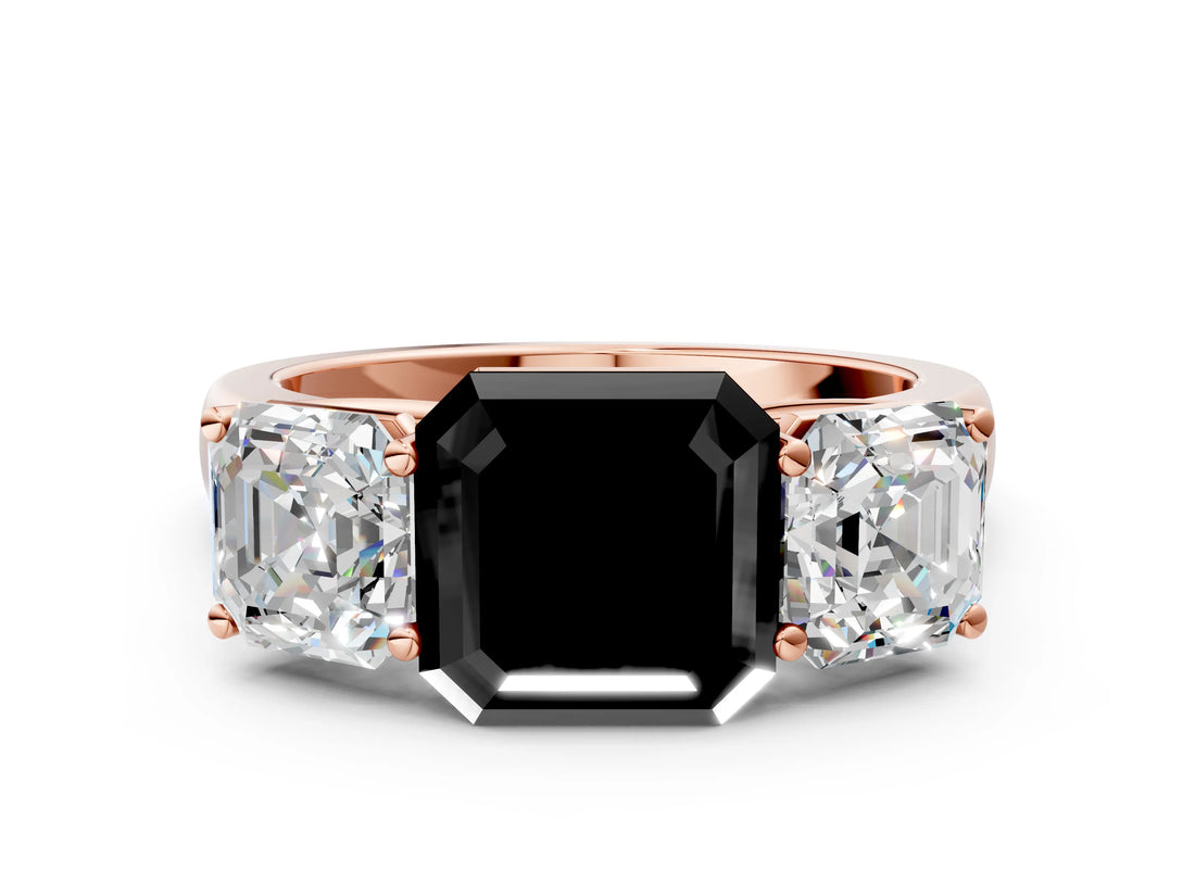Rose gold Fancy Black Asscher Cut Three-Stone Diamond Ring with Prong Setting on a Classic Band_12