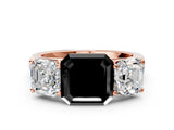 Rose gold Fancy Black Asscher Cut Three-Stone Diamond Ring with Prong Setting on a Classic Band_12