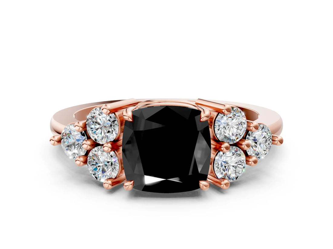 Rose gold Fancy Black Cushion Cut Brilliant Diamond Cluster Accent Solitaire Ring with Prong Setting