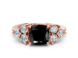 Rose gold Fancy Black Cushion Cut Brilliant Diamond Cluster Accent Solitaire Ring with Prong Setting