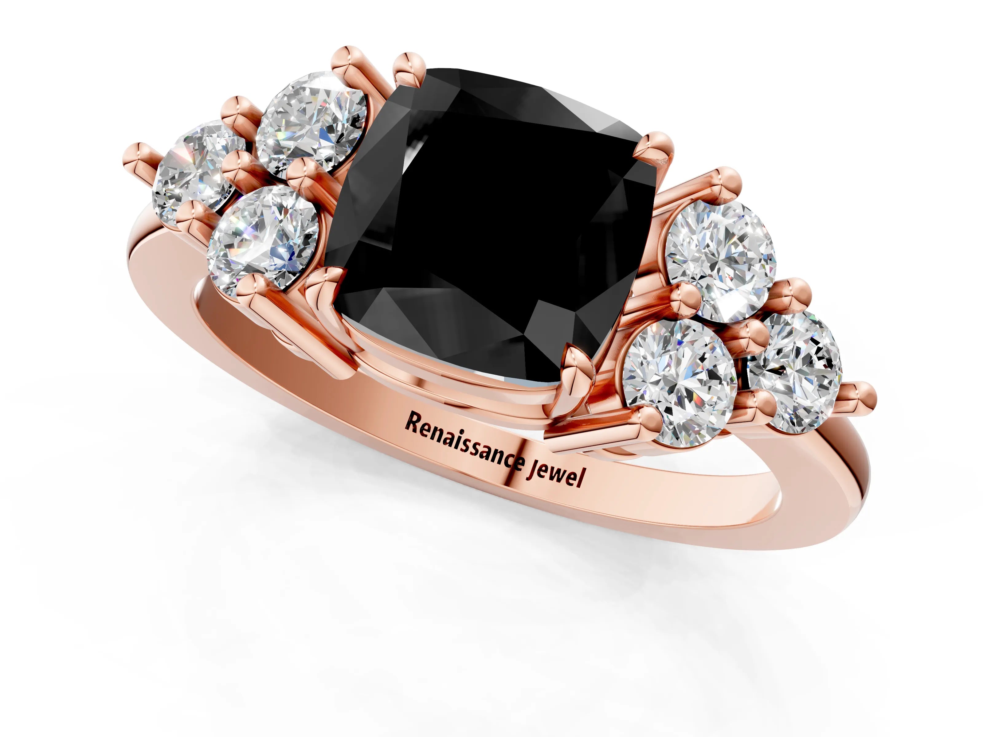 Rose gold Fancy Black Cushion Cut Brilliant Diamond Cluster Accent Solitaire Ring with Prong Setting_1