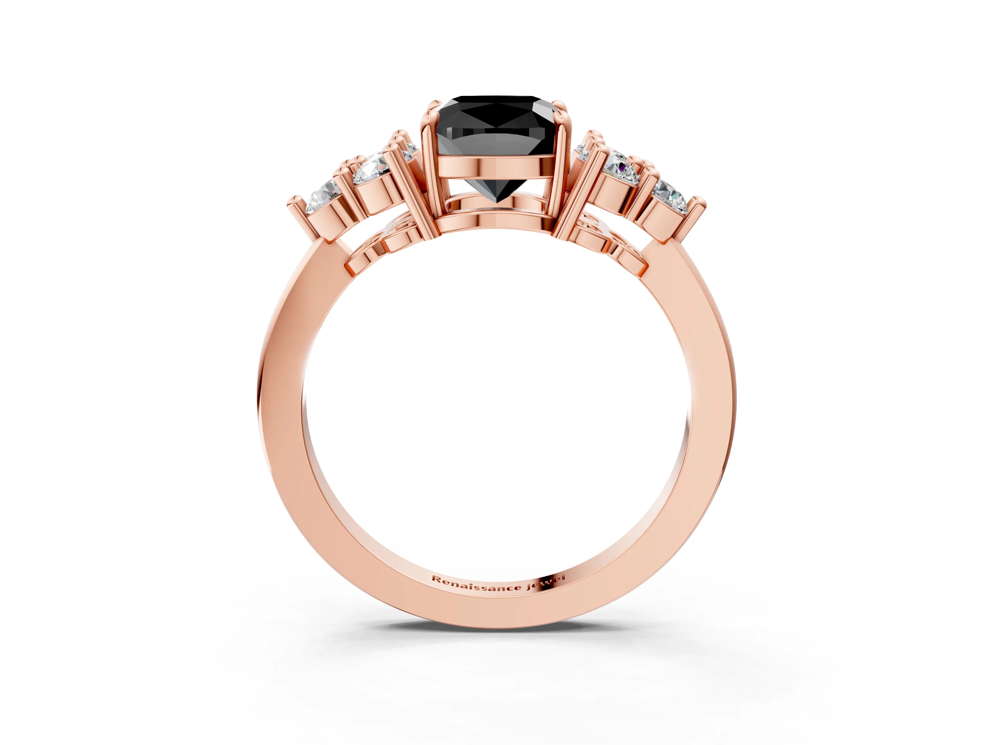 Rose gold Fancy Black Cushion Cut Brilliant Diamond Cluster Accent Solitaire Ring with Prong Setting_3