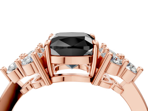 Rose gold Fancy Black Cushion Cut Brilliant Diamond Cluster Accent Solitaire Ring with Prong Setting_4