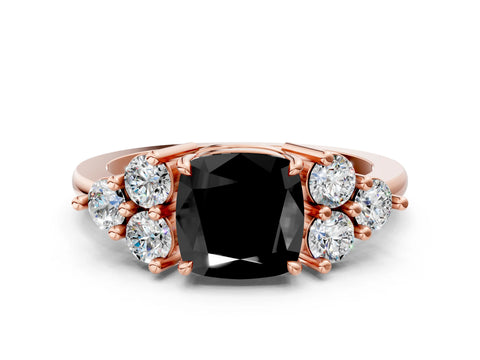 Rose gold Fancy Black Cushion Cut Brilliant Diamond Cluster Accent Solitaire Ring with Prong Setting
