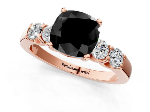 Rose gold Fancy Black Cushion Cut Brilliant Diamond Five-Stone Engagement Ring with Prong Setting on a Classic Band_4
