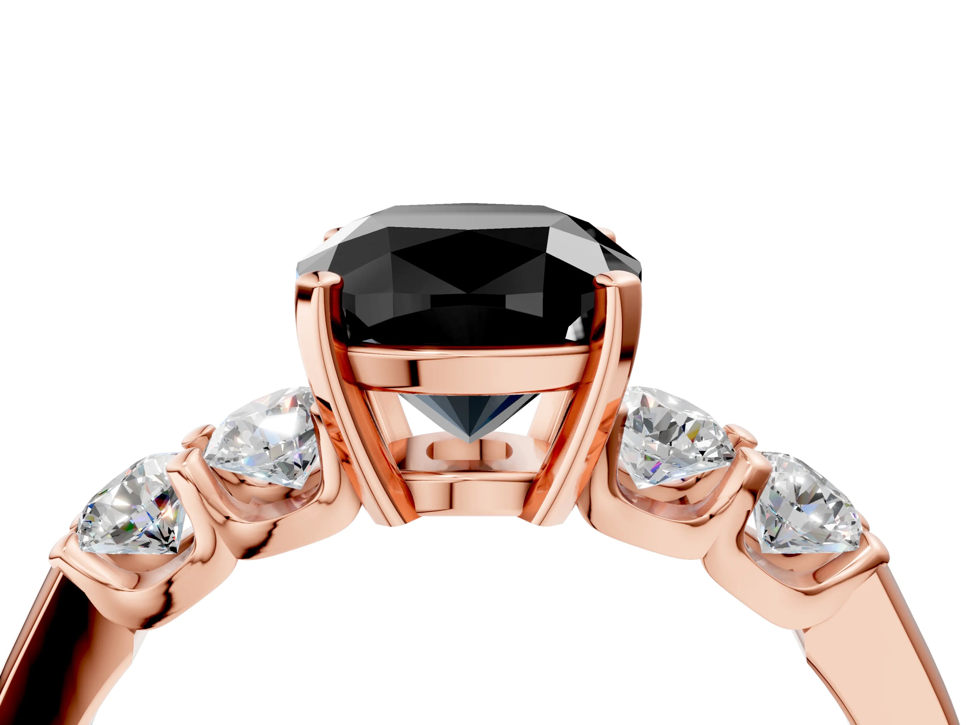Rose gold Fancy Black Cushion Cut Brilliant Diamond Five-Stone Engagement Ring with Prong Setting on a Classic Band_7