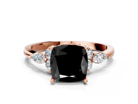 Rose gold Fancy Black Cushion Cut Brilliant Diamond Solitaire Ring with Pear Side Stones and Four-Prong Setting_3