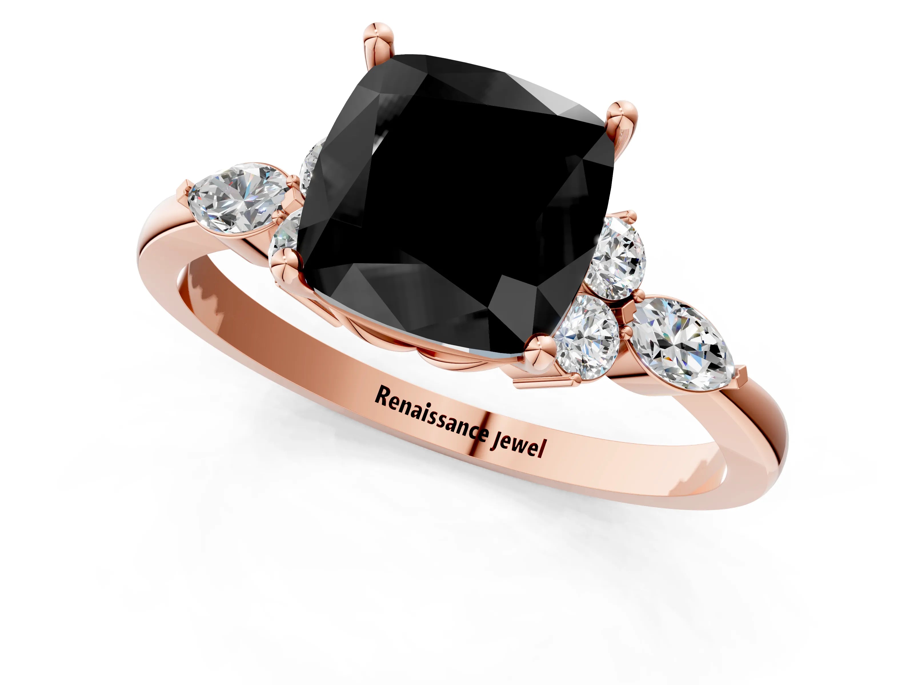 Rose gold Fancy Black Cushion Cut Brilliant Diamond Solitaire Ring with Pear Side Stones and Four-Prong Setting_4