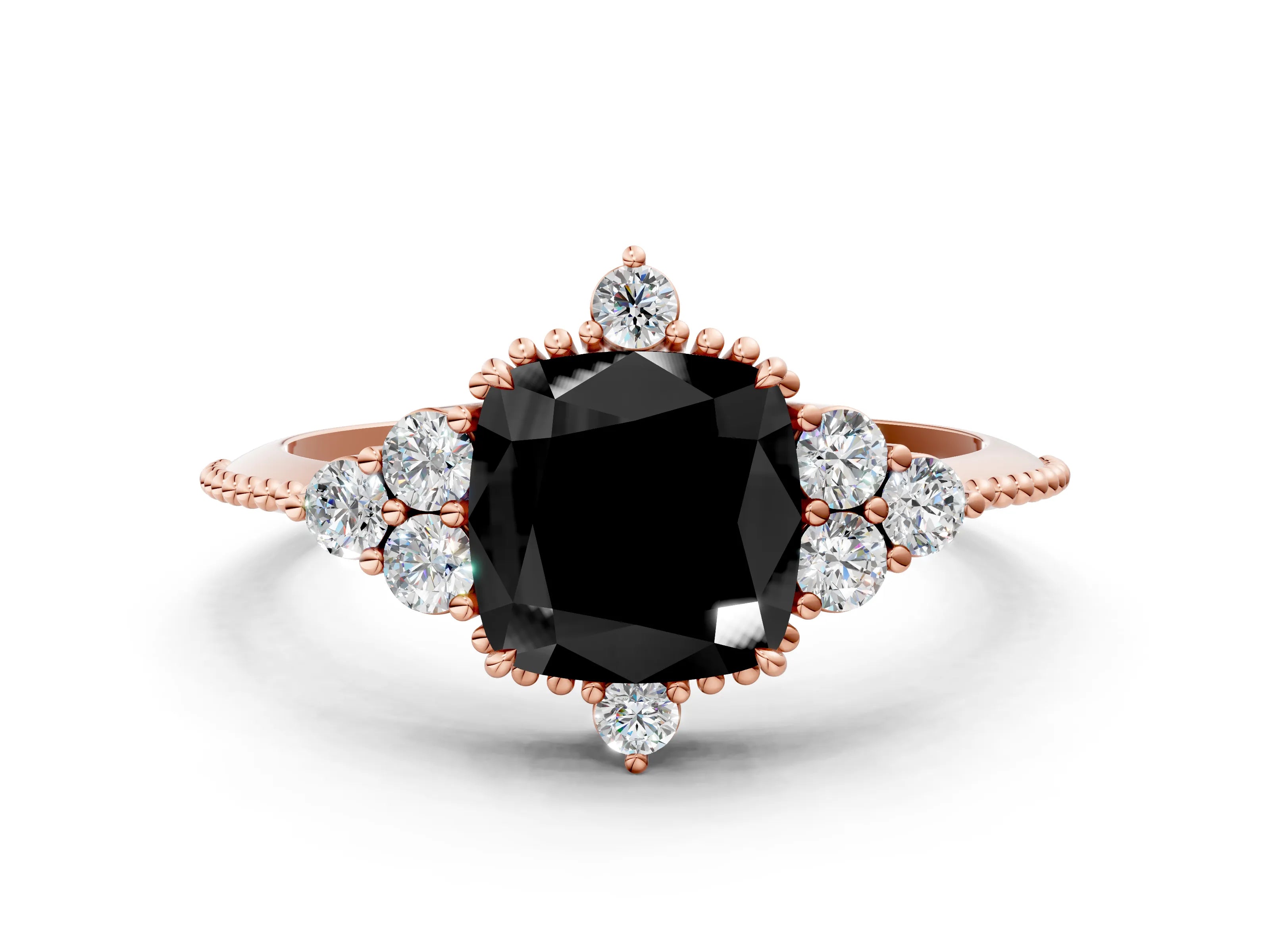 Rose gold Fancy Black Cushion Cut Brilliant Diamond with Cluster Setting on a Beaded Band and Four-Prong Setting