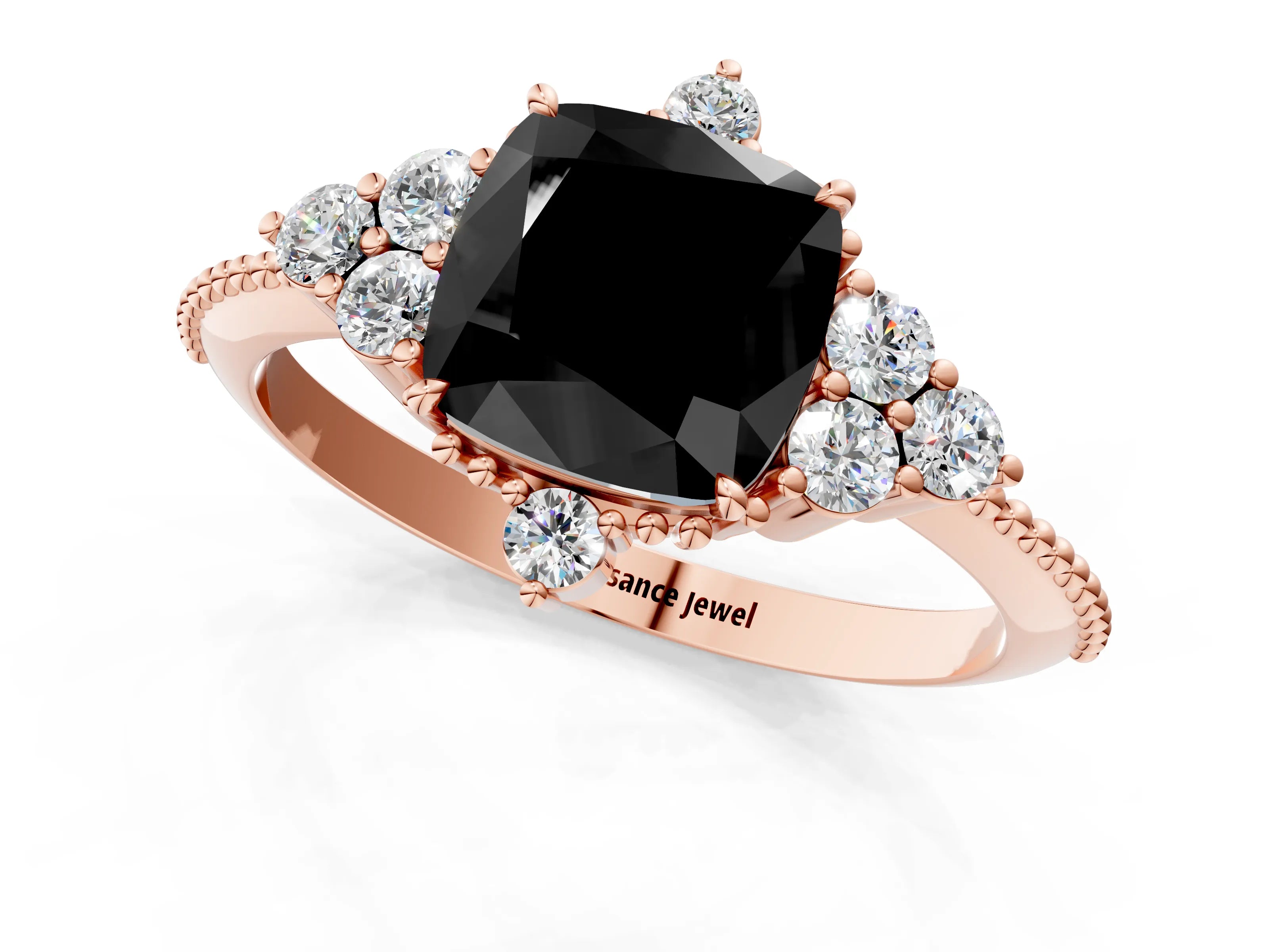 Rose gold Fancy Black Cushion Cut Brilliant Diamond with Cluster Setting on a Beaded Band and Four-Prong Setting_1