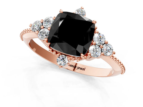 Rose gold Fancy Black Cushion Cut Brilliant Diamond with Cluster Setting on a Beaded Band and Four-Prong Setting_1