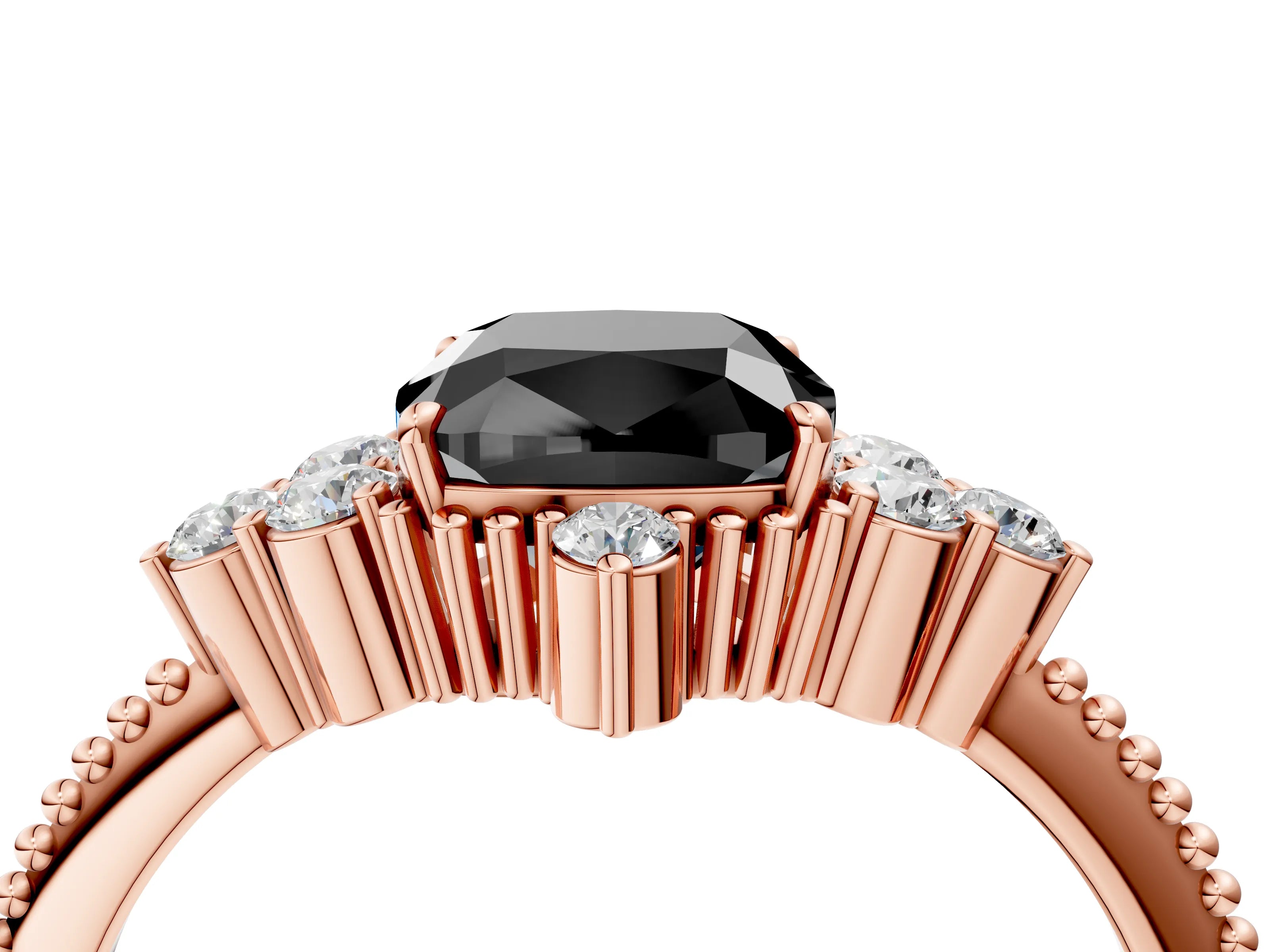 Rose gold Fancy Black Cushion Cut Brilliant Diamond with Cluster Setting on a Beaded Band and Four-Prong Setting_4
